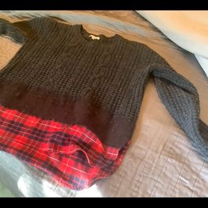 Madewell dark gray sweater with plaid add on.